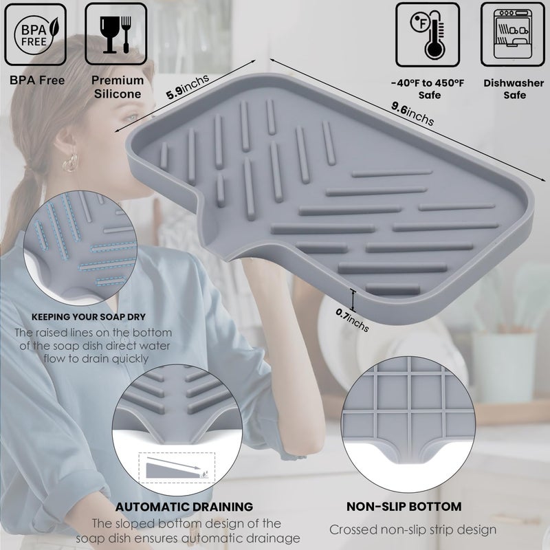 Yasmen Silicone Bathroom Soap Dishes, Sink Sponge Holder for Kitchen, Rubber Soap Dish with Drain, Shower Soap Sponge Tray, Sink or Counter Organizer, for Bar Soap, Bottle, Dish Soap Dispenser-Grey - Image 2